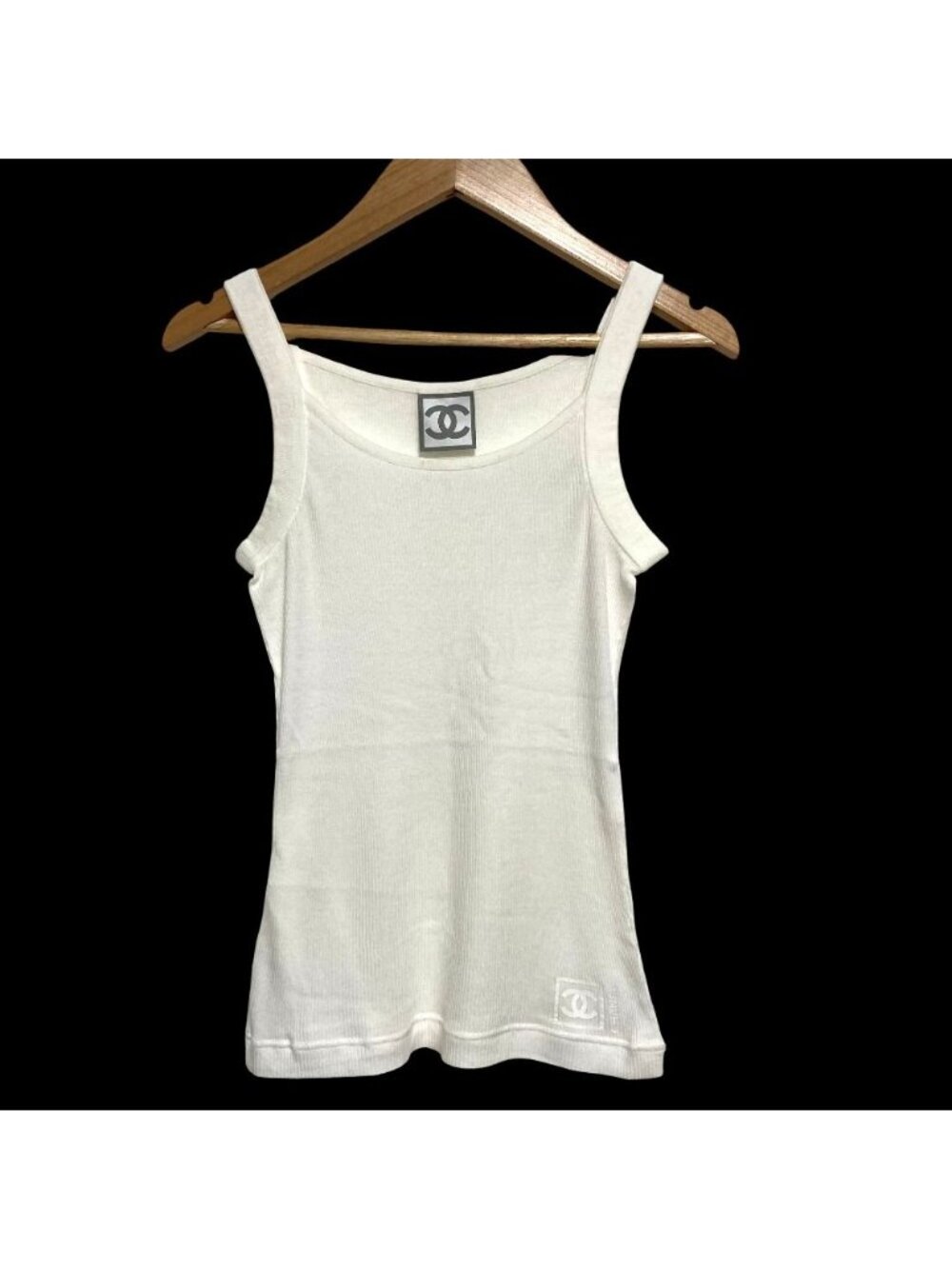 Chanel Sports CC Logo Print Ribbed Knit Tank Top Sleeveless Top White Sweater